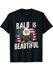 Bald Is Beautiful 4th of July Bald Eagle Independence Day T-Shirt 180G 100% Cotton Printed Round Neck Short-Sleeve T-Shirt, Gifts for Men Dad Husband Grandpa, S-XXXL, Black