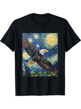 Bald Eagle Bird - Van Gogh Style - Starry Night T-Shirt 180G 100% Cotton Printed Round Neck Short-Sleeve T-Shirt, Gifts for Men Dad Husband Grandpa, S-XXXL, Black
