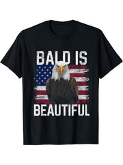 Bald Is Beautiful 4th of July Bald Eagle Independence Day T-Shirt 180G 100% Cotton Printed Round Neck Short-Sleeve T-Shirt, Gifts for Men Dad Husband Grandpa, S-XXXL, Black