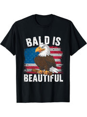 Bald Is Beautiful 4th of July Bald Eagle Independence Day T-Shirt 180G 100% Cotton Printed Round Neck Short-Sleeve T-Shirt, Gifts for Men Dad Husband Grandpa, S-XXXL, Black
