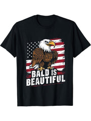 Bald Is Beautiful 4th of July Bald Eagle Independence Day T-Shirt 180G 100% Cotton Printed Round Neck Short-Sleeve T-Shirt, Gifts for Men Dad Husband Grandpa, S-XXXL, Black