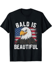 Bald Is Beautiful 4th of July Bald Eagle Independence Day T-Shirt 180G 100% Cotton Printed Round Neck Short-Sleeve T-Shirt, Gifts for Men Dad Husband Grandpa, S-XXXL, Black
