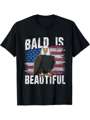 Bald Is Beautiful 4th of July Bald Eagle Independence Day T-Shirt 180G 100% Cotton Printed Round Neck Short-Sleeve T-Shirt, Gifts for Men Dad Husband Grandpa, S-XXXL, Black