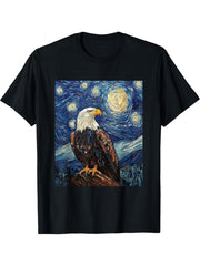 Bald Eagle Bird - Van Gogh Style - Starry Night T-Shirt 180G 100% Cotton Printed Round Neck Short-Sleeve T-Shirt, Gifts for Men Dad Husband Grandpa, S-XXXL, Black
