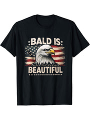 Bald Is Beautiful 4th of July Bald Eagle Independence Day T-Shirt 180G 100% Cotton Printed Round Neck Short-Sleeve T-Shirt, Gifts for Men Dad Husband Grandpa, S-XXXL, Black