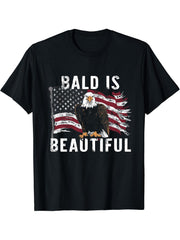 Bald Is Beautiful 4th of July Bald Eagle Independence Day T-Shirt 180G 100% Cotton Printed Round Neck Short-Sleeve T-Shirt, Gifts for Men Dad Husband Grandpa, S-XXXL, Black