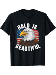 Bald Is Beautiful 4th of July Bald Eagle Independence Day T-Shirt 180G 100% Cotton Printed Round Neck Short-Sleeve T-Shirt, Gifts for Men Dad Husband Grandpa, S-XXXL, Black