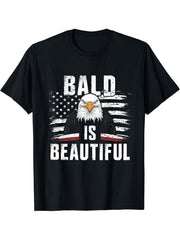 Bald Is Beautiful 4th of July Bald Eagle Independence Day T-Shirt 180G 100% Cotton Printed Round Neck Short-Sleeve T-Shirt, Gifts for Men Dad Husband Grandpa, S-XXXL, Black