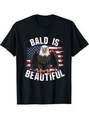 Bald Is Beautiful 4th of July Bald Eagle Independence Day T-Shirt 180G 100% Cotton Printed Round Neck Short-Sleeve T-Shirt, Gifts for Men Dad Husband Grandpa, S-XXXL, Black