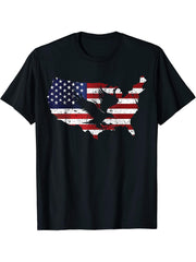 4th July Patriotic American Bald Eagle Lover Flag Map T-Shirt 180G 100% Cotton Printed Round Neck Short-Sleeve T-Shirt, Gifts for Men Dad Husband Grandpa, S-XXXL, Black