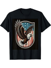 Bald Eagle American Flag Shield T-Shirt 180G 100% Cotton Printed Round Neck Short-Sleeve T-Shirt, Gifts for Men Dad Husband Grandpa, S-XXXL, Black
