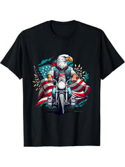 Cool America Bald Eagle as Biker Riding Motorcycle Funny T-Shirt 180G 100% Cotton Printed Round Neck Short-Sleeve T-Shirt, Gifts for Men Dad Husband Grandpa, S-XXXL, Black
