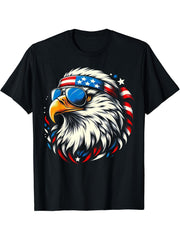 Bald Eagle Patriotic American Sunglasses Flag 4th Of July T-Shirt 180G 100% Cotton Printed Round Neck Short-Sleeve T-Shirt, Gifts for Men Dad Husband Grandpa, S-XXXL, Black