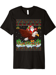 Bald Eagle Bird Xmas Ugly Santa Riding Bald Eagle Christmas Premium T-Shirt 180G 100% Cotton Printed Round Neck Short-Sleeve T-Shirt, Gifts for Men Dad Husband Grandpa, S-XXXL, Black