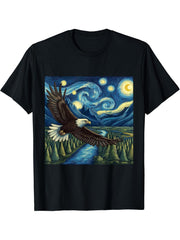Bald Eagle Camping Hiking Bird Lover Starry Night T-Shirt 180G 100% Cotton Printed Round Neck Short-Sleeve T-Shirt, Gifts for Men Dad Husband Grandpa, S-XXXL, Black