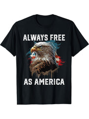Always Free as America American Bald Eagle USA Flag T-Shirt 180G 100% Cotton Printed Round Neck Short-Sleeve T-Shirt, Gifts for Men Dad Husband Grandpa, S-XXXL, Black