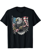 4th Of July American Flag Bald Eagle Graphic Art Design T-Shirt 180G 100% Cotton Printed Round Neck Short-Sleeve T-Shirt, Gifts for Men Dad Husband Grandpa, S-XXXL, Black