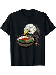 Bald Eagle Eating Bibimbap T-Shirt 180G 100% Cotton Printed Round Neck Short-Sleeve T-Shirt, Gifts for Men Dad Husband Grandpa, S-XXXL, Black