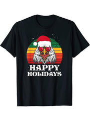 Cool Christmas Bald Eagle Happy Holidays T-Shirt 180G 100% Cotton Printed Round Neck Short-Sleeve T-Shirt, Gifts for Men Dad Husband Grandpa, S-XXXL, Black