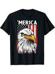 American Flag Bald Eagle Mullet Merica Tee Funny 4th Of July T-Shirt 180G 100% Cotton Printed Round Neck Short-Sleeve T-Shirt, Gifts for Men Dad Husband Grandpa, S-XXXL, Black