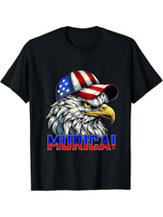 Bald Eagle Murica US Cap American Flag Patriotic 4th Of July T-Shirt 180G 100% Cotton Printed Round Neck Short-Sleeve T-Shirt, Gifts for Men Dad Husband Grandpa, S-XXXL, Black