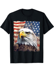Bald Eagle Proud Patriotic American US Flag 4th Of July T-Shirt 180G 100% Cotton Printed Round Neck Short-Sleeve T-Shirt, Gifts for Men Dad Husband Grandpa, S-XXXL, Black