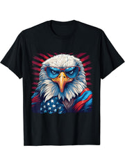 4th Of July America Independence Patriotic Bald Eagle T-Shirt 180G 100% Cotton Printed Round Neck Short-Sleeve T-Shirt, Gifts for Men Dad Husband Grandpa, S-XXXL, Black