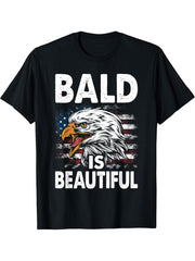 Bald Is Beautiful 4th of July Independence Day Bald Eagle T-Shirt 180G 100% Cotton Printed Round Neck Short-Sleeve T-Shirt, Gifts for Men Dad Husband Grandpa, S-XXXL, Black