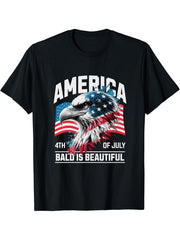 4th of July Bald Is Beautiful Independence Day Bald Eagle T-Shirt 180G 100% Cotton Printed Round Neck Short-Sleeve T-Shirt, Gifts for Men Dad Husband Grandpa, S-XXXL, Black