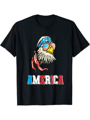 4th of July America USA Flag With Coolest Bald Eagle Glasses T-Shirt 180G 100% Cotton Printed Round Neck Short-Sleeve T-Shirt, Gifts for Men Dad Husband Grandpa, S-XXXL, Black