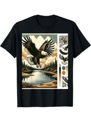 Bald Eagle Over Serene Lake T-Shirt 180G 100% Cotton Printed Round Neck Short-Sleeve T-Shirt, Gifts for Men Dad Husband Grandpa, S-XXXL, Black