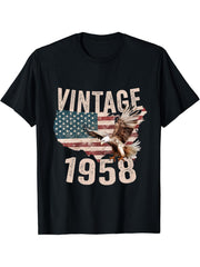 Vintage 1958 Bald Eagle American Flag Country T-Shirt 180G 100% Cotton Printed Round Neck Short-Sleeve T-Shirt, Gifts for Men Dad Husband Grandpa, S-XXXL, Black