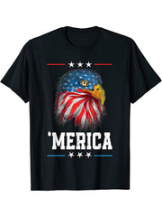 American Flag 4th Of July 'Merica Bald Eagle USA Men Women T-Shirt 180G 100% Cotton Printed Round Neck Short-Sleeve T-Shirt, Gifts for Men Dad Husband Grandpa, S-XXXL, Black