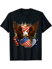 USA Flag Bald Eagle with American Flag T-Shirt 180G 100% Cotton Printed Round Neck Short-Sleeve T-Shirt, Gifts for Men Dad Husband Grandpa, S-XXXL, Black