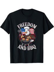4th of July Patriotic Bald Eagle Freedom Burger BBQ USA Flag T-Shirt 180G 100% Cotton Printed Round Neck Short-Sleeve T-Shirt, Gifts for Men Dad Husband Grandpa, S-XXXL, Black