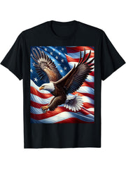Bald Eagle American Flag Background T-Shirt 180G 100% Cotton Printed Round Neck Short-Sleeve T-Shirt, Gifts for Men Dad Husband Grandpa, S-XXXL, Black