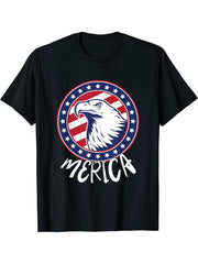 Merica USA American Patriot Freedom Bald Eagle T-Shirt 180G 100% Cotton Printed Round Neck Short-Sleeve T-Shirt, Gifts for Men Dad Husband Grandpa, S-XXXL, Black