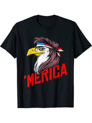 Merica Bald Eagle Mullet USA American Flag T-Shirt 180G 100% Cotton Printed Round Neck Short-Sleeve T-Shirt, Gifts for Men Dad Husband Grandpa, S-XXXL, Black