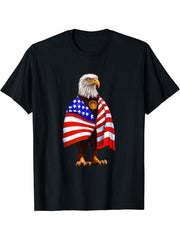 Bald Eagle Wearing An American Flag - Patriotic Eagle T-Shirt 180G 100% Cotton Printed Round Neck Short-Sleeve T-Shirt, Gifts for Men Dad Husband Grandpa, S-XXXL, Black