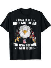 I May Be Old But America American Bald Eagle T-Shirt 180G 100% Cotton Printed Round Neck Short-Sleeve T-Shirt, Gifts for Men Dad Husband Grandpa, S-XXXL, Black