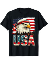 Patriotic Bald Eagle USA American Flag 4th Of July T-Shirt 180G 100% Cotton Printed Round Neck Short-Sleeve T-Shirt, Gifts for Men Dad Husband Grandpa, S-XXXL, Black