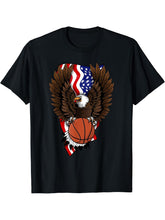 4th of July Bald Eagle USA American Flag Basketball Lover T-Shirt 180G 100% Cotton Printed Round Neck Short-Sleeve T-Shirt, Gifts for Men Dad Husband Grandpa, S-XXXL, Black