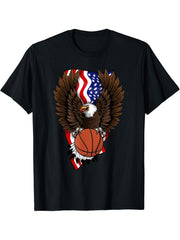 4th of July Bald Eagle USA American Flag Basketball Lover T-Shirt 180G 100% Cotton Printed Round Neck Short-Sleeve T-Shirt, Gifts for Men Dad Husband Grandpa, S-XXXL, Black