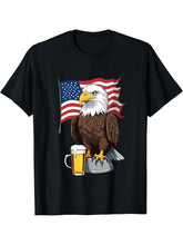 Funny Bald Eagle With Beer Mug 4th Of July Memorial Day T-Shirt 180G 100% Cotton Printed Round Neck Short-Sleeve T-Shirt, Gifts for Men Dad Husband Grandpa, S-XXXL, Black
