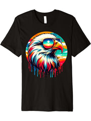 Cool Tie Dye Bald Eagle Sunglasses Bird Illustration Art Premium T-Shirt 180G 100% Cotton Printed Round Neck Short-Sleeve T-Shirt, Gifts for Men Dad Husband Grandpa, S-XXXL, Black