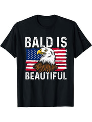 Bald Is Beautiful 4th of July Independence Day Bald Eagle T-Shirt 180G 100% Cotton Printed Round Neck Short-Sleeve T-Shirt, Gifts for Men Dad Husband Grandpa, S-XXXL, Black