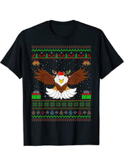 Reindeer Santa Hat Matching Ugly Bald Eagle Christmas T-Shirt 180G 100% Cotton Printed Round Neck Short-Sleeve T-Shirt, Gifts for Men Dad Husband Grandpa, S-XXXL, Black