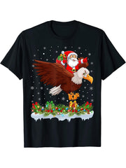Xmas Funny Santa Claus Riding Bald Eagle Bird Christmas T-Shirt 180G 100% Cotton Printed Round Neck Short-Sleeve T-Shirt, Gifts for Men Dad Husband Grandpa, S-XXXL, Black