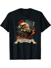 Vintage Patriotic Bald Eagle T-Shirt 180G 100% Cotton Printed Round Neck Short-Sleeve T-Shirt, Gifts for Men Dad Husband Grandpa, S-XXXL, Black