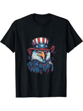 US Flag Patriotic 4th Of July With Uncle Sam Hat Bald Eagle T-Shirt 180G 100% Cotton Printed Round Neck Short-Sleeve T-Shirt, Gifts for Men Dad Husband Grandpa, S-XXXL, Black
